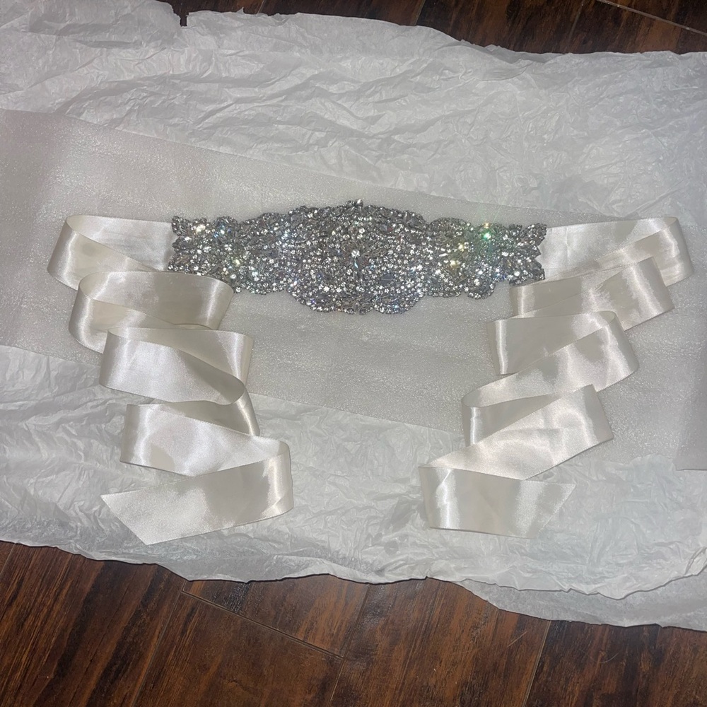 David's Bridal Silver and Cream Belt